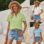 Solid V-Neck Button Slim-Fit Short-Sleeved Tops Wholesale Womens Clothing N3824041600038
