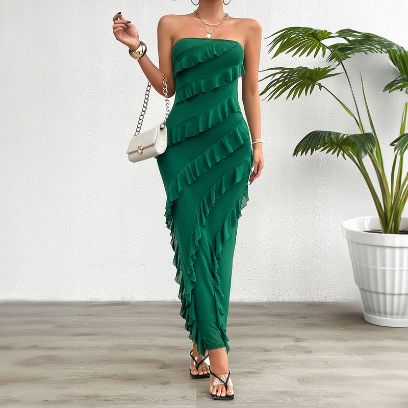 Solid Color Ruffled Slim Fit Sheath Dresses Wholesale Womens Clothing N3824042900033
