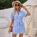 Short Sleeve Lapel Lapel Jacquard Solid Color Cropped Jumpsuit Wholesale Womens Clothing N3824041600031