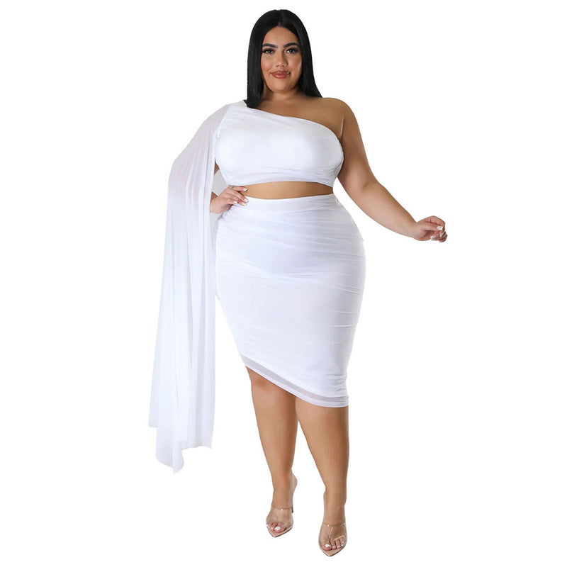 Wholesale Plus Size Clothing Fashionable High Stretch Raglan Collar Long Train Sleeve Crinkle Top And Hip Skirt Set