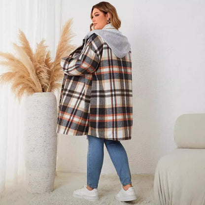 Plus Size Plaid Hooded Mid-Length Jackets Wholesale Womens Clothing N3824091200160