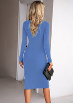 Square Collar Pit Strip Long Sleeve Slim Solid Color Slit Dress Wholesale Dresses