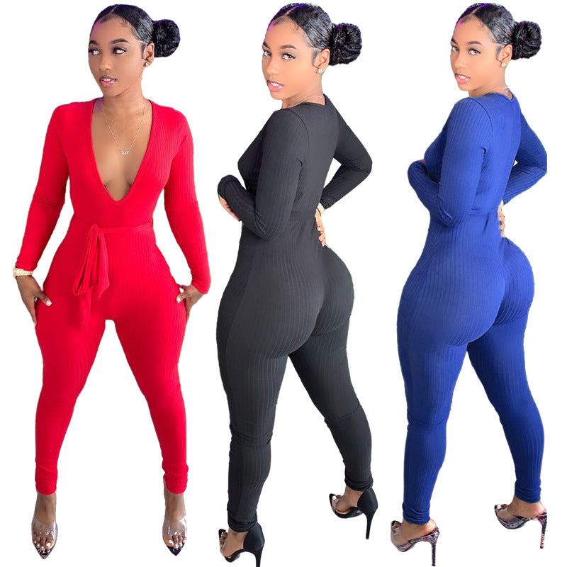 Sexy Deep V-Neck Long Sleeve Solid Color Jumpsuit Wholesale Jumpsuits