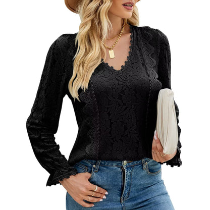 Slim Fit Solid Color Hollow Long Sleeve Lace Top Wholesale Women'S Top