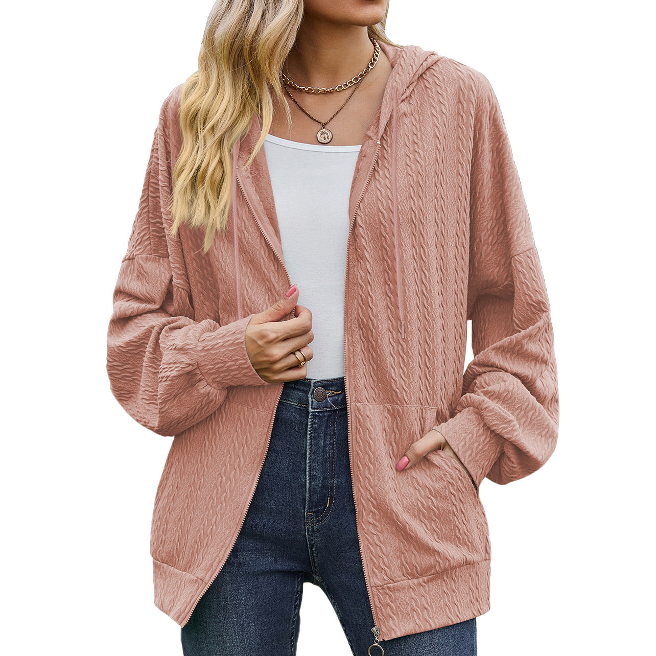 Zipper Solid Color Loose Sweatshirt Cardigan Wholesale Womens Clothing N3823112800054