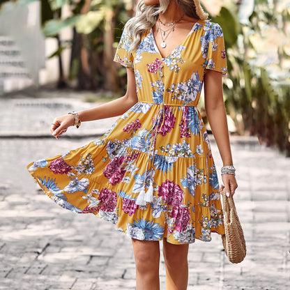 Casual Short-Sleeved Floral Print V-Neck Bohemian Vacation Short Dresses Wholesale Dresses