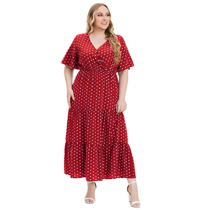 Plus Size V-neck Polka Dot Short Sleeve Dresses Wholesale Womens Clothing N3824080300037