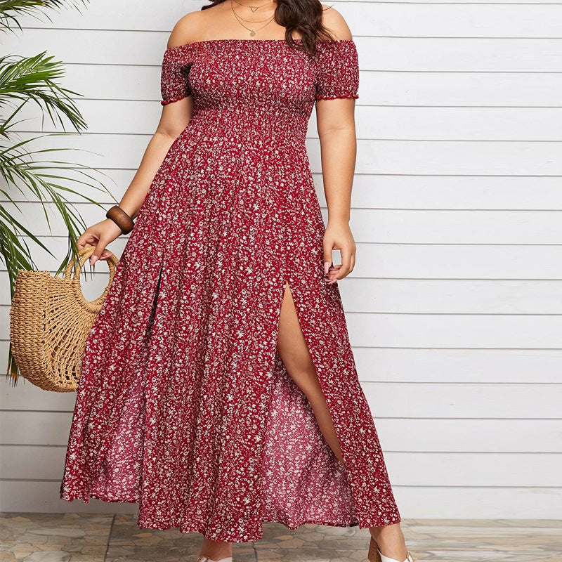 Plus Size Casual Bohemian Printed Strapless Split Dresses Wholesale Plus Size Womens Clothing N3824052500005