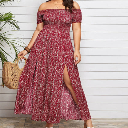 Plus Size Casual Bohemian Printed Strapless Split Dresses Wholesale Plus Size Womens Clothing N3824052500005