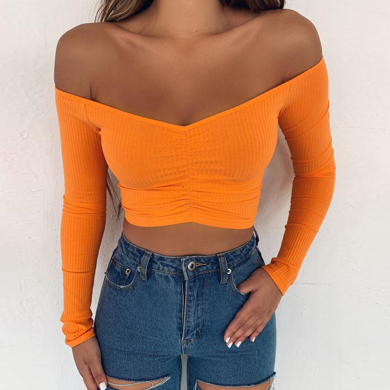 Sexy Navel Short Section Slim One Shoulder Long-Sleeved T-Shirt Wholesale Womens Tops