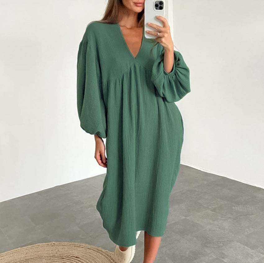 Puff Sleeve V-Neck Crepe Cotton Loose Casual Dresses Wholesale Womens Clothing N3824071000003