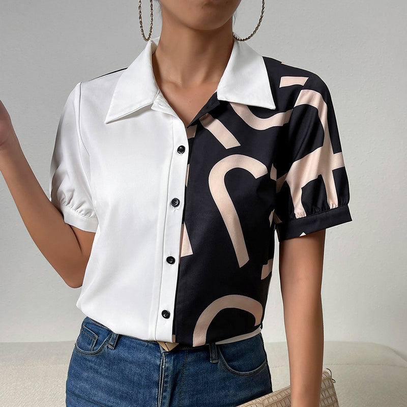 Temperament Collision Digital Print Short-Sleeved Shirt Wholesale Womens Tops