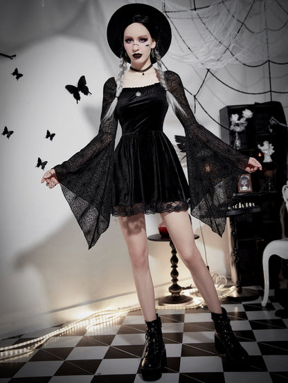 Dark Punk Gothic Slim Fit Spider Web Bell Sleeve Square Neck Dress Wholesale Dresses