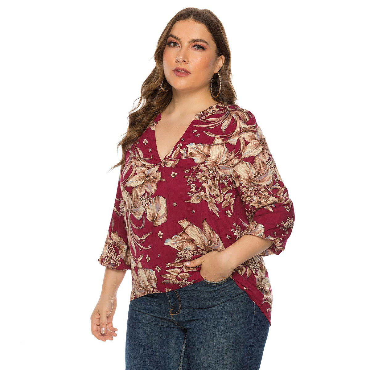 Plus Size Shirts Long Sleeve V-Neck Printed Rayon Tops Wholesale Womens Clothing N3824080300018