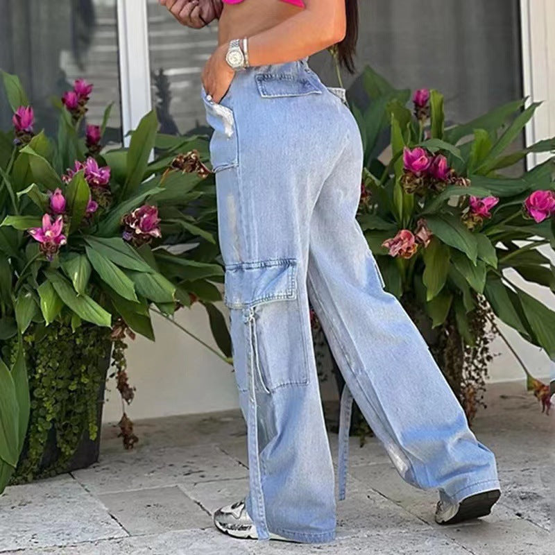 Women's Fashion Printed High Waist Slim Fit Multi-Pocket Jeans Wholesale Womens Clothing N3824011000074