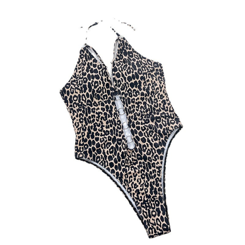 Leopard Print Halter Neck Triangle One Piece Swimsuit Wholesale Womens Clothing
