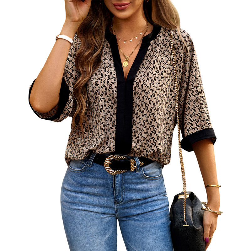 Commuting Short-Sleeved Tops With V-Neck All Over Print Wholesale Womens Clothing N3824022600042
