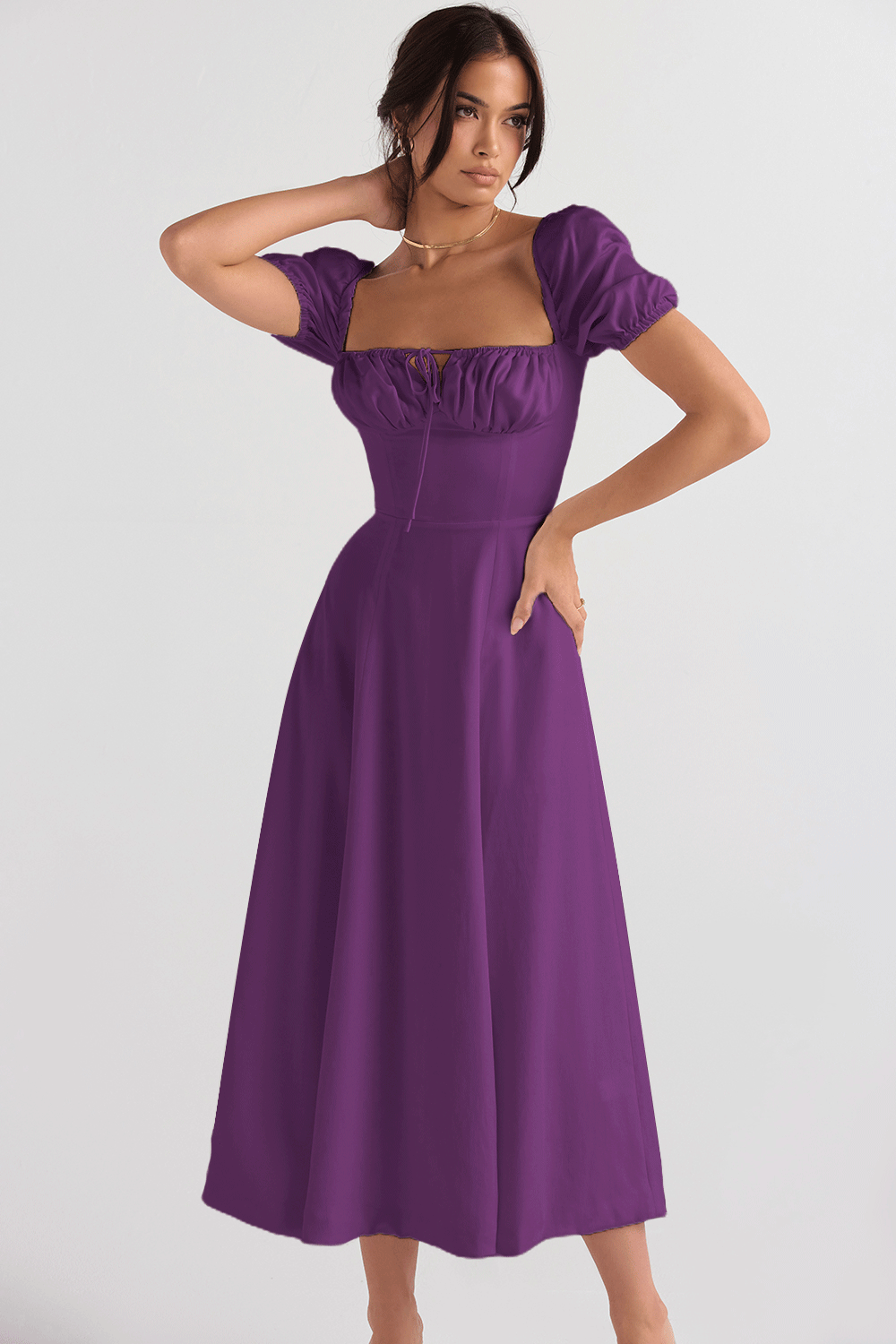 Elegant Bubble Sleeve Square Neck Lace-Up High Waist Dress Wholesale Dresses