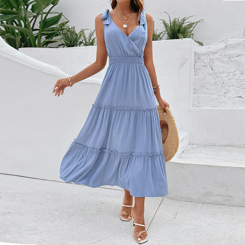 Solid Color V-Neck Strap High Waist Dress Wholesale Womens Clothing N3824022600062
