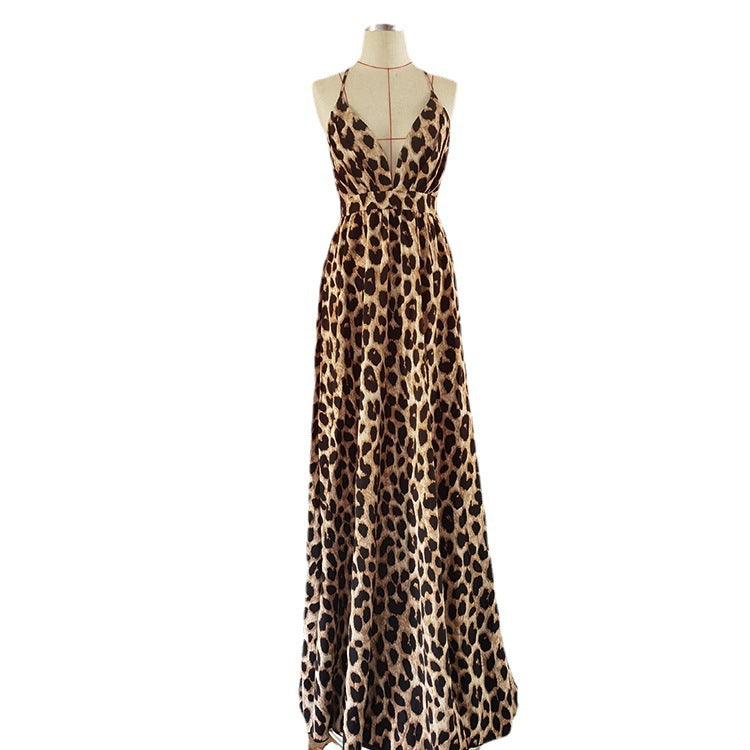 Sling Leopard Print High Waist Maxi Dresses Wholesale Womens Clothing N3824040700328