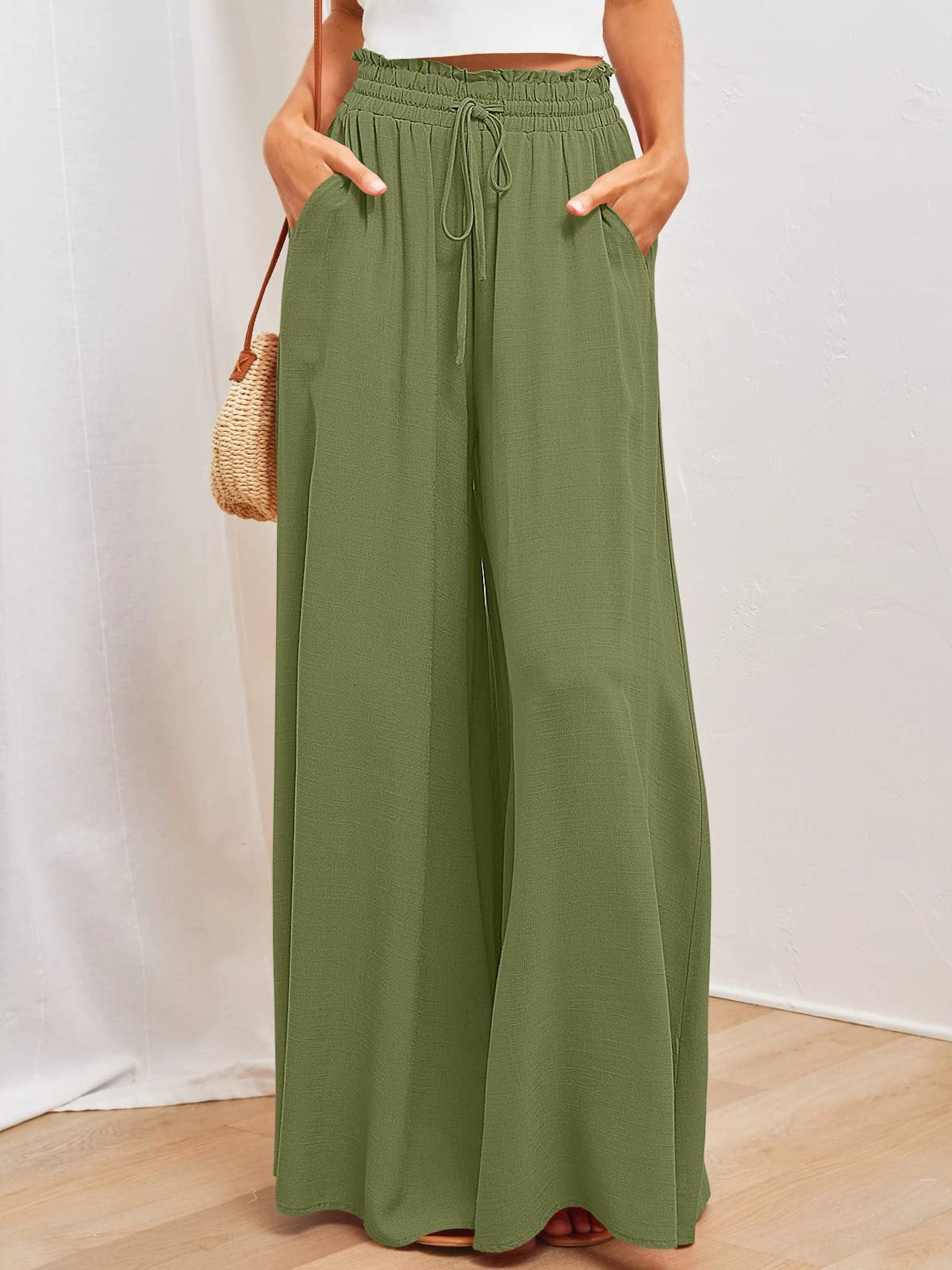 High-Waisted Wide-Leg Trousers With Elastic Waistband Wholesale Womens Clothing N3824040700342