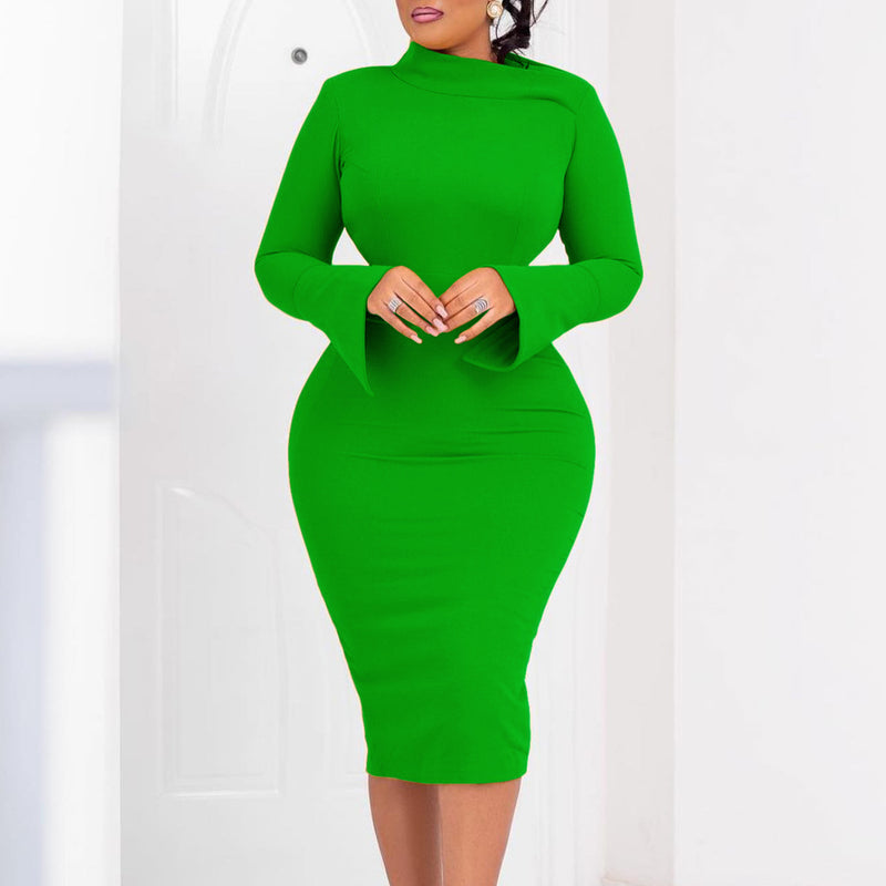 Long-Sleeved Hip-Hugging Slant-Neck Solid Color Dress Wholesale Plus Size Womens Clothing N3823101700046