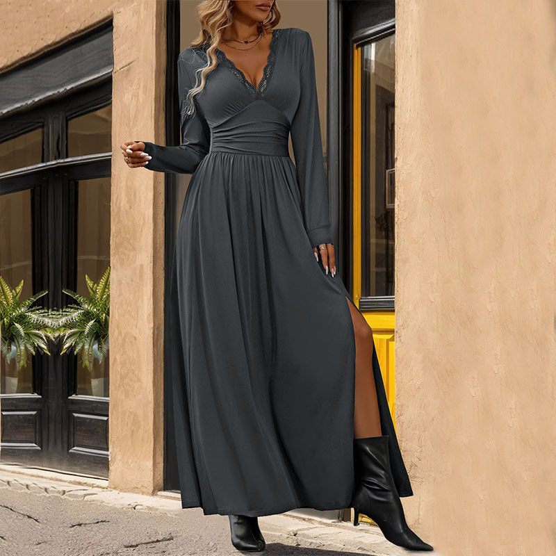 Solid Color Slit Slim Fit Long Sleeve Maxi Dresses Wholesale Womens Clothing N3824062800010