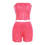 Knitted Hollow Crop Tops Slim Drawstring Shorts Set Wholesale Womens Clothing