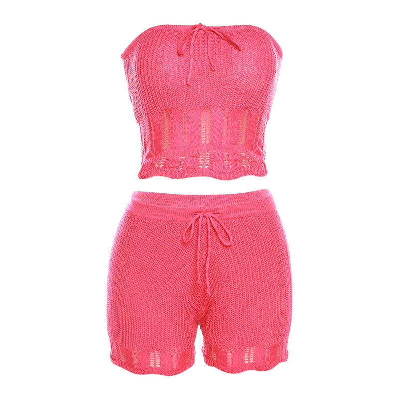 Knitted Hollow Crop Tops Slim Drawstring Shorts Set Wholesale Womens Clothing