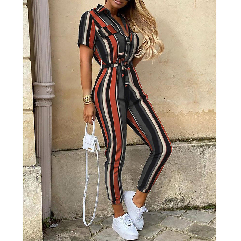 Casual Lapel Buckle Printed Belt Workwear Jumpsuit Wholesale Jumpsuits