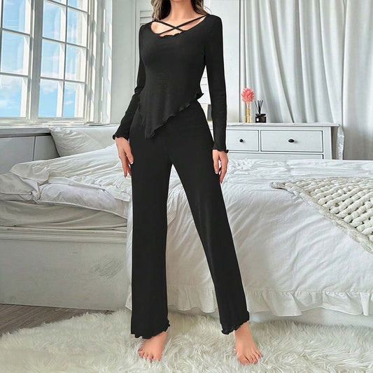 Slim Fit Two Piece Set Black Long Sleeve Tops And Pants Wholesale Womens Clothing N3824072000220