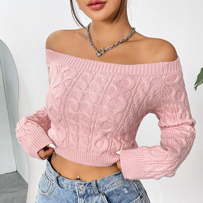 Solid Colour Sexy Cropped Pink One Neck Strapless Knitted Sweater Wholesale Womens Clothing N3824091200154