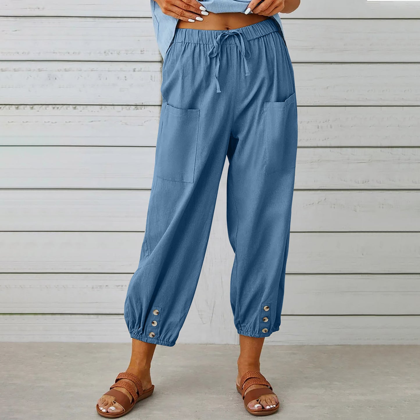 Loose High Waist Buttoned Cotton Linen Pants Nine Minute Wide Leg Pants Wholesale Womens Clothing N3824091200196