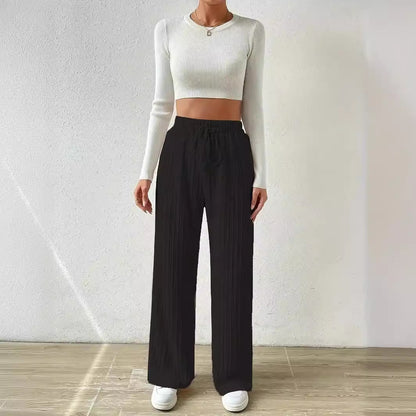 Textured Knit Wide Leg Pants High Waist Solid Color Straight Pants Wholesale Womens Clothing N3824080900024