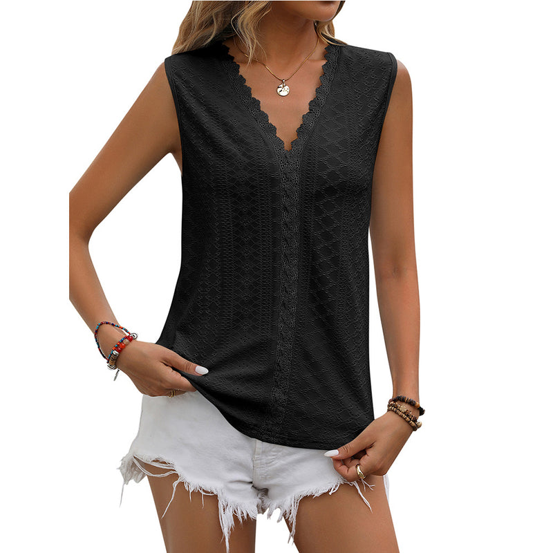 Solid Color Hole Lace V Neck Sleeveless Tank Tops Wholesale Women'S Top N4623051300040