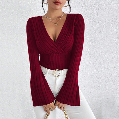 V-Neck Trumpet Sleeve Burgundy Slim Fit Bottoming Tops Wholesale Womens Clothing N3824070500018