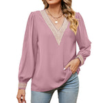 V-Neck Lace Chiffon Long-Sleeved Casual T-Shirt Tops Wholesale Womens Clothing N3823112800044