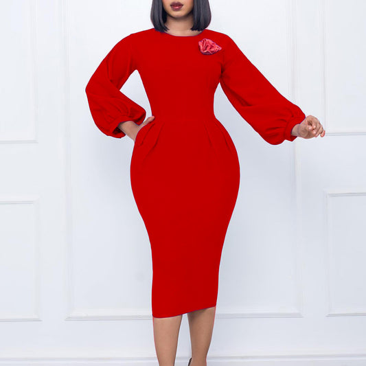 Temperament Solid Color Bubble Sleeves High Waist Round Neck Hip Dresses Wholesale Dresses