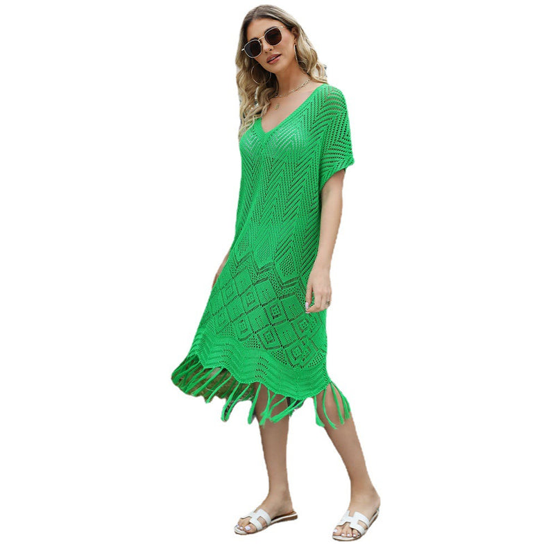 Fashion Solid Color V-Neck Tassel Hollow Knit Dress Wholesale Dresses