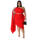 Wholesale Plus Size Clothing Fashionable High Stretch Raglan Collar Long Train Sleeve Crinkle Top And Hip Skirt Set
