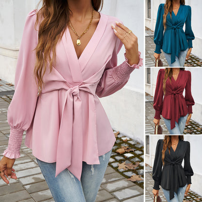 Casual V-Neck Tops Solid Color Long Sleeve Blouses Wholesale Womens Clothing N3824071500017