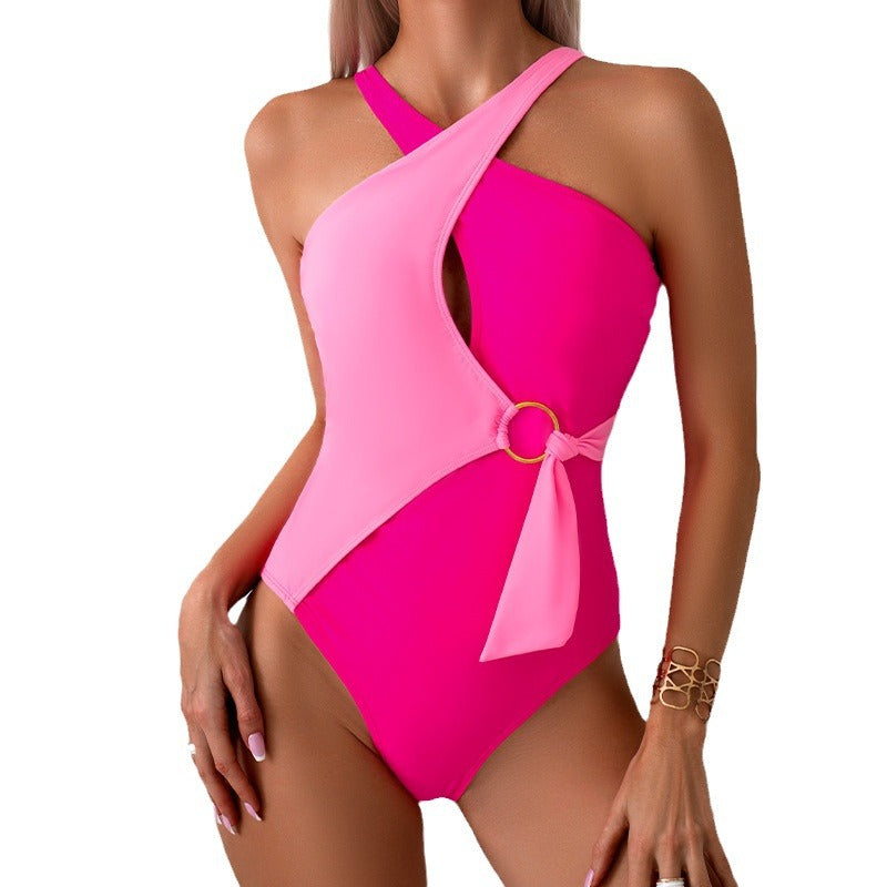 Halter Neck Color Block One Piece Swimsuit Wholesale Womens Clothing N3824052500010