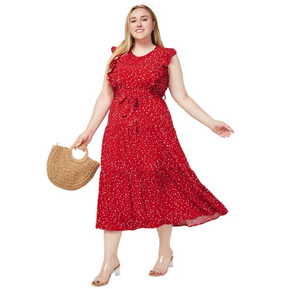 Plus Size Round Neck Ruffle Sleeveless Polka Dot Dress With Belt Wholesale Womens Clothing N3824080300033