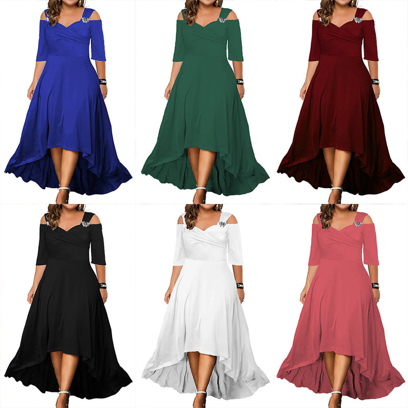 Wholesale Plus Size Clothing Sexy Solid Color V-Neck Strapless Big Hem Dresses