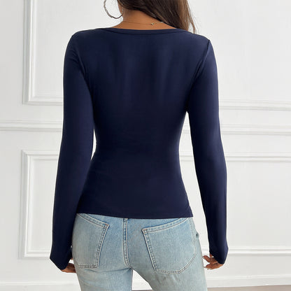 Slim Solid Color Buttoned V-Neck Long Sleeve Knit T-Shirts Wholesale Womens Clothing N3824101000011