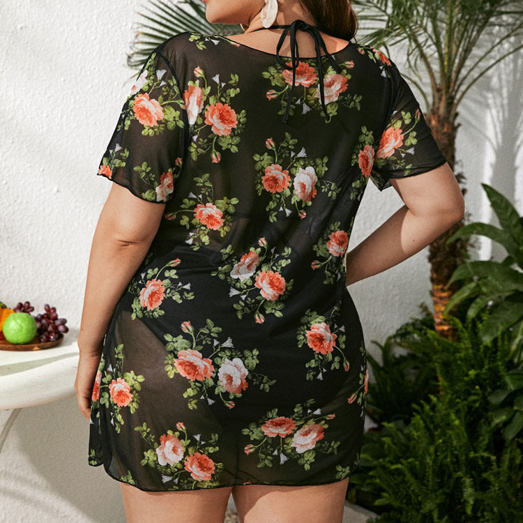 Wholesale Women Plus Size Clothing Loose Mesh Blouse Short-Sleeved Sunscreen Bikini Three-Piece Set