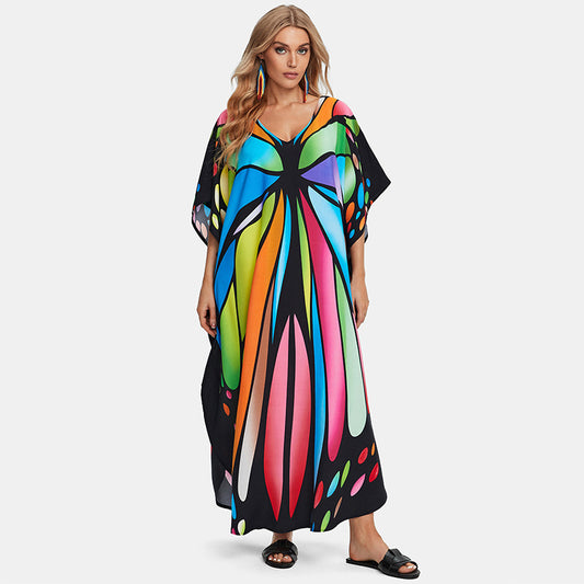 Rayon Colorful Print Beach Dress Long Loose Robe Swimsuit Cover Up Wholesale Womens Clothing N3824022600101