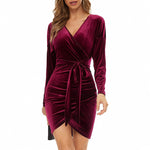 Sexy Large V-Neck Slim Long Sleeve Belted Velvet Dress Wholesale Dresses