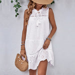 Fashionable Resort Eyelets Sleeveless White Dress Wholesale Womens Clothing N3824022600070