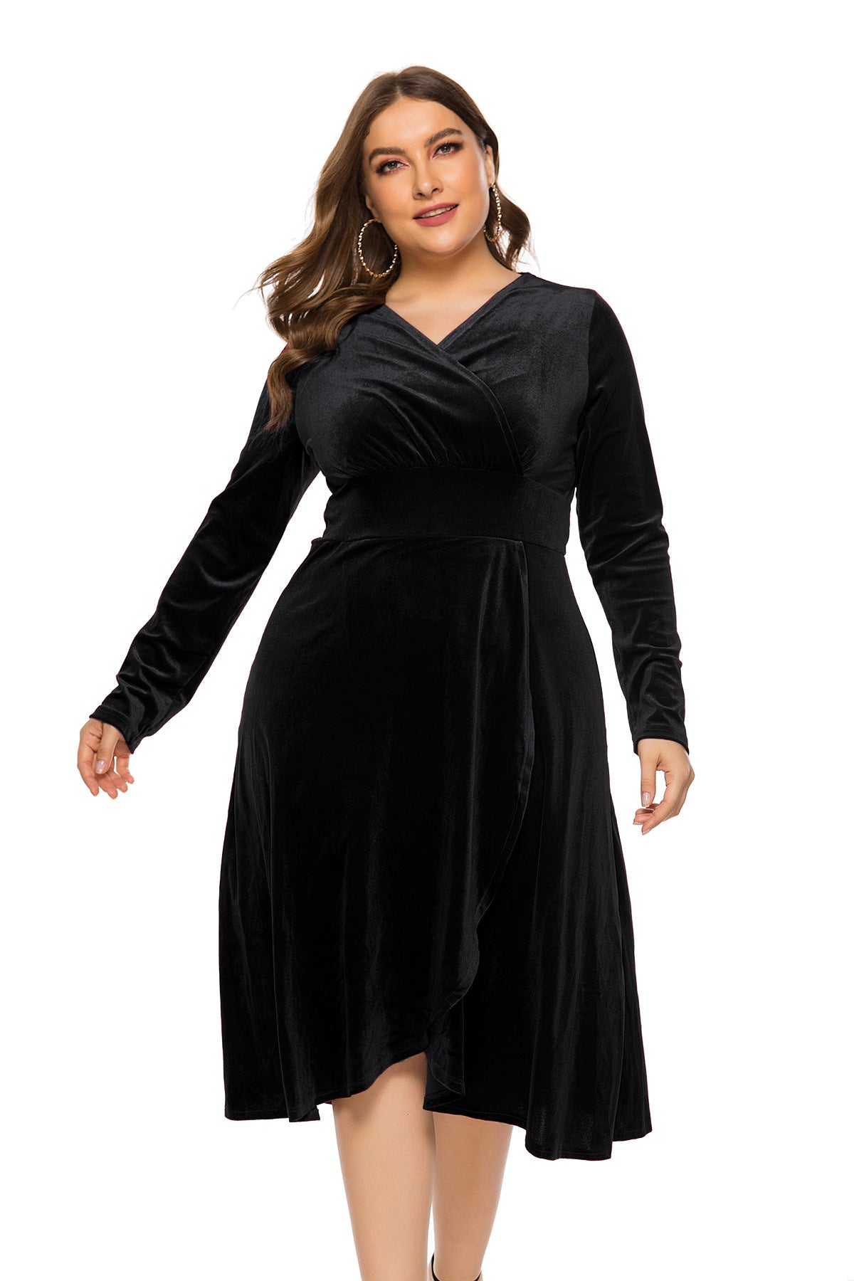 Plus Size Long Sleeve V Neck Velvet Tuxedo Dress Wholesale Womens Clothing N3824080300017